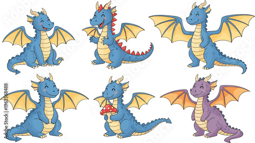 Cute dragon character set with different poses fantasy creature cartoon illustration collection colorful vector design