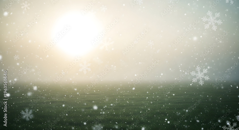 Fototapeta premium Snowy landscape with blurred sun and falling snowflakes in the countryside