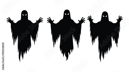 Three eerie ghostly figures with glowing eyes