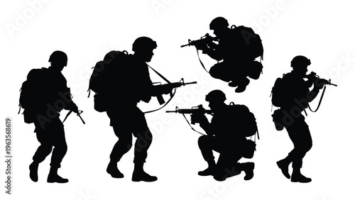 Silhouettes of soldiers in various combat positions