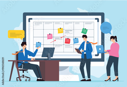 Vector illustration of team developing remote work strategy with sticky notes on whiteboard virtual collaboration