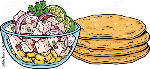 Illustration of Ceviche with corn and tortillas