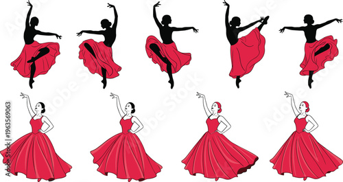 Flamenco dancer silhouettes and elegant woman in red dress collection with Spanish dance poses in flat vector illustration set