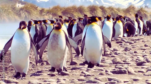 A large colony of King penguins marches across a rocky beach with snowy mountains visible in the hazy distance under a bright sky.