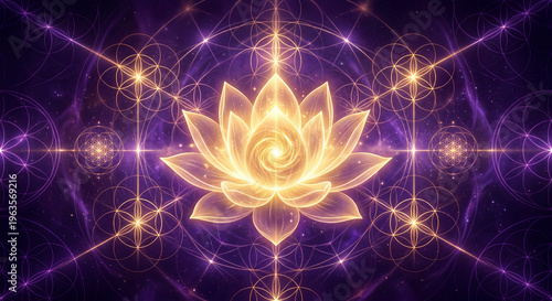 Golden lotus flower sacred geometry mandala glowing spiritual pattern for meditation yoga and enlightenment background