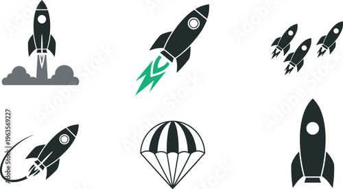 Diverse collection of rocket ship silhouettes and parachute icons cad drawing flat vector illustration minimalist silhouette style for space exploration startup launch project