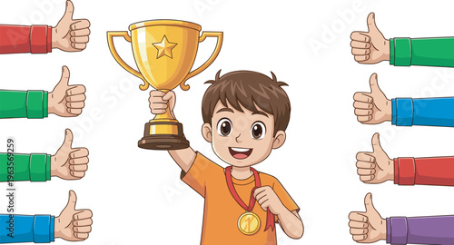 Happy boy holding gold trophy cup with medal and thumbs up hands cad drawing flat vector illustration minimalist silhouette style for school competition
