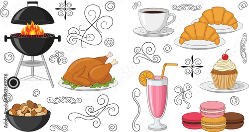 Food and dessert collection with barbecue grill roasted chicken coffee croissant cupcake macarons and milkshake in decorative flat vector illustration set