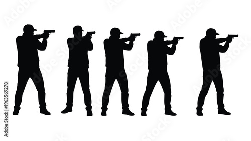 Silhouettes of five men aiming guns in different positions