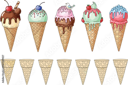 Ice cream cones collection with different flavors toppings and waffle cones sweet dessert vector illustration set