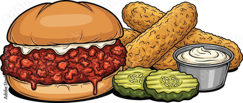 Illustration of Fast food meal with sandwich fried pickles