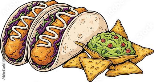Illustration of Tacos and tortilla chips with guacamole dip