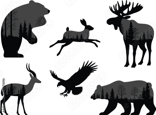 Wild animals silhouette set with double exposure forest landscape, bear, deer, eagle, moose, and rabbit