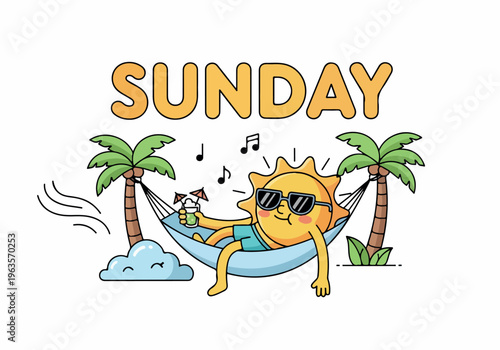 A smiling sun in sunglasses rests in a hammock between palm trees, enjoying a drink with music notes in the air, representing a relaxing Sunday