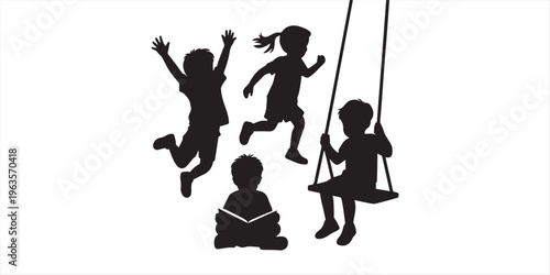Silhouette of active children jumping and dancing in playful energetic poses, happy kids performing fun movements and joyful gymnastics on white background, vector illustration