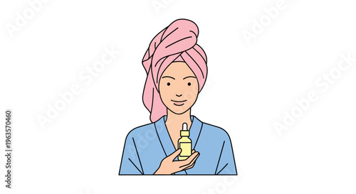 Woman with pink towel on head in blue robe holding yellow bottle in modern minimalist style with soft pastel colors and line art for skincare advertising