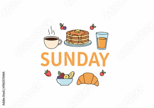 Sunday morning breakfast spread with pancakes, fruit, coffee, juice, and croissant illustration