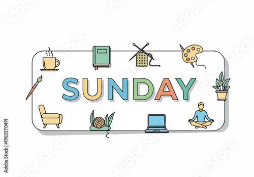 Sunday is a Day for Relaxation and Hobbies with Simple Icons Representing Leisurely Activities and Comfort