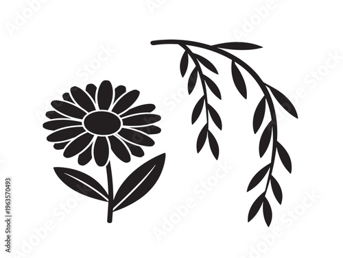 Peaceful daisy and willow branch silhouette for serene nature inspired designs