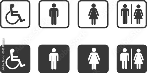 Assortment of Black and White Icons for Accessibility and Restroom Facilities wheelchair icon disabled access symbol