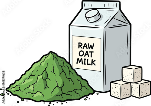 Oat milk carton with sugar cubes and green powder