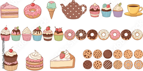 Sweet desserts collection with cakes donuts cupcakes cookies ice cream and tea in colorful flat cartoon vector illustration set