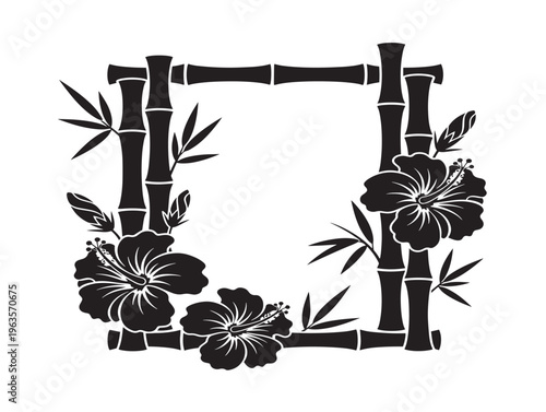 Vibrant hibiscus and bamboo frame silhouette for beach resort and tiki branding