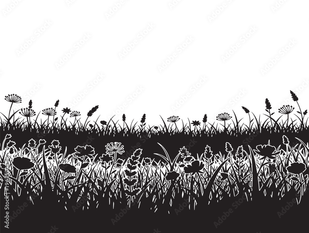 Obraz premium Beautiful wild meadow and flower horizon silhouette for landscape art prints