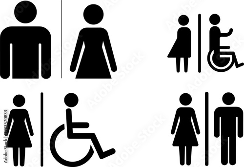 Black Silhouetted Icons for Men Women Disabled Person and Couple Restrooms untitled illustration