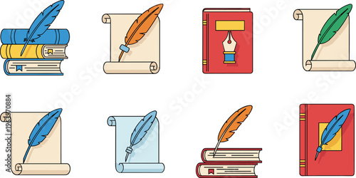 Vintage writing and literature icons collection with books scrolls and feather quill pens in flat cartoon vector illustration set