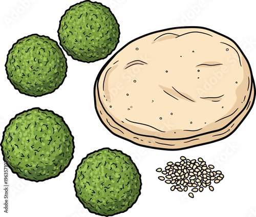 Illustration of Broccoli balls with flatbread and sesame seeds