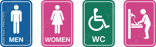 Colorful Restroom Signs For Men Women WC And Person At Sink untitled illustration