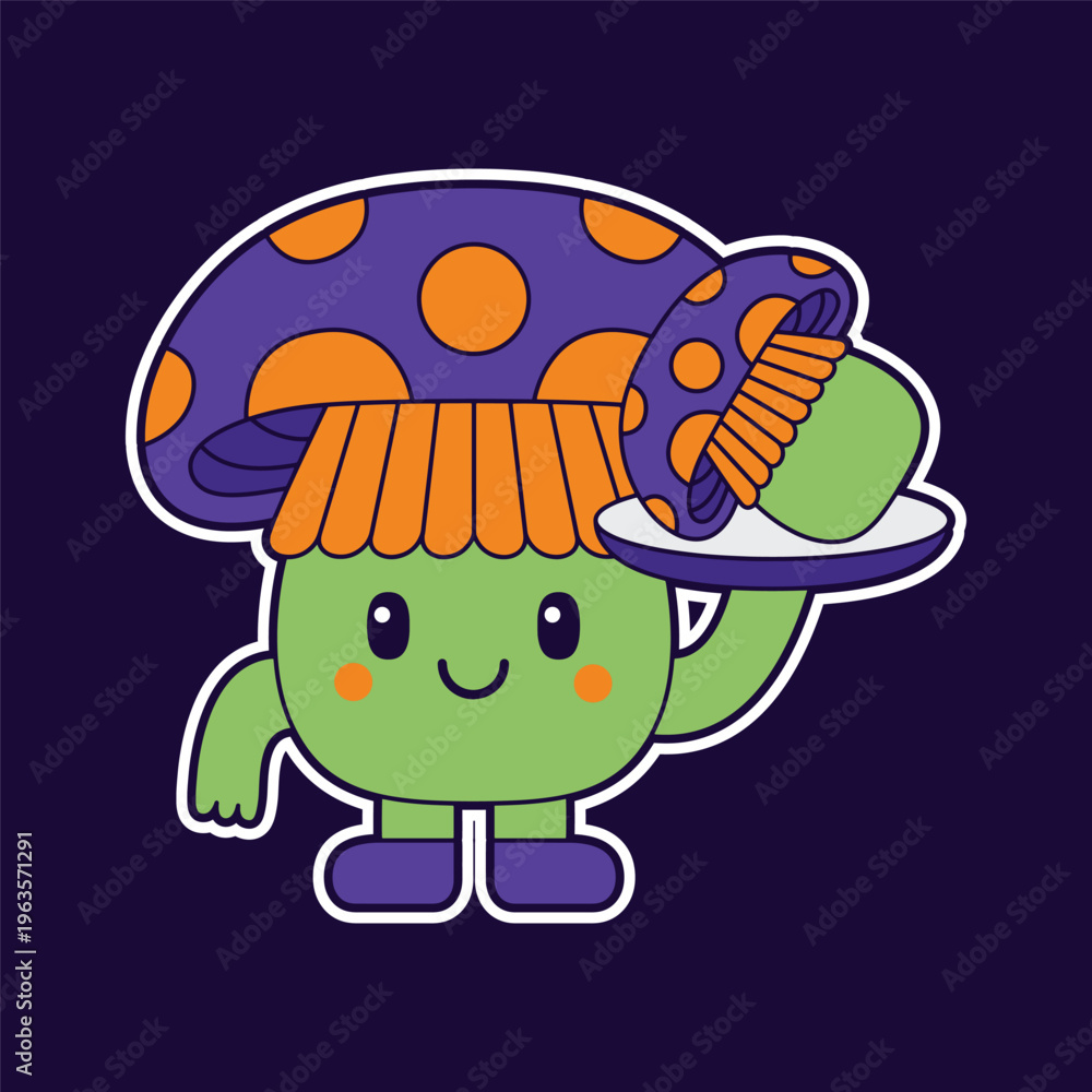 Fototapeta premium Cute mushroom character in vector style, featuring colorful caps, playful expressions, and various poses. Perfect for stickers, kids design, mascots, UI elements, and creative illustration 