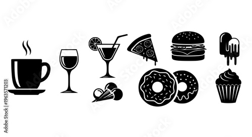 Food and Beverage Silhouette Icon Set with Coffee Wine and Fast Food Symbols