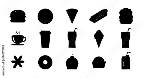 Food and Drink Flat Icon Pack with Burger Pizza Coffee and Dessert Vector Set