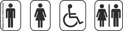 Four simple black and white icons for men women disabled access and combined gender restrooms