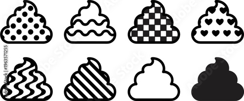 Eight stylized poop icons with different patterns and solid black symbol collection