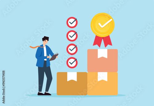 Flat illustration of businessman check product quality control qc with checklist and medal badge giving certified approval process excellence service delivery guarantee