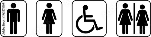 Man Woman Disabled Person and Couple Restroom Signs on White Background untitled