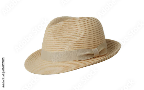 Woven straw fedora hat with a simple ribbon band, classic summer fashion accessory for men or women, sun hat, white background
