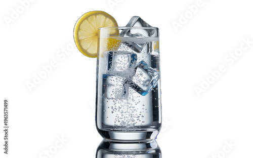 Refreshing glass of sparkling water with ice cubes and lemon slice isolated on white - hydration beverage with tall glass with white background with refreshing drink with iced drink with club soda