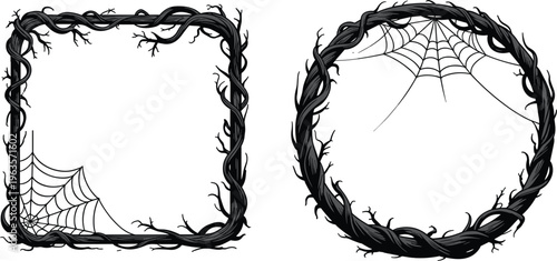 Gothic branch frame set with spider web, creepy vine border, square and circle halloween frames