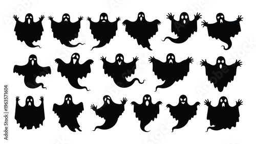 Collection of 15 black silhouettes of dancing or flying figures with hooded capes