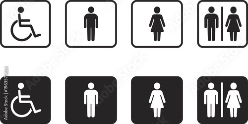 Set of eight restroom and facility icons with variations in background and foreground colors