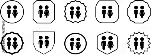 Ten icons of a couple or two people within various geometric shapes symbol