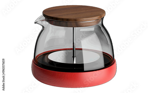 Modern glass coffee carafe with wooden lid and red base for brewing fresh coffee at home or cafe with coffee pot with tea pot with water pitcher with beverage container with serving pitcher