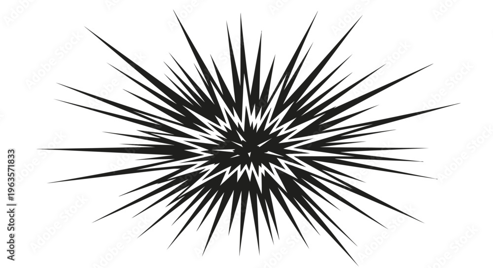 Obraz premium Abstract black and white starburst explosion effect, representing burst, impact, or energy, isolated white background.