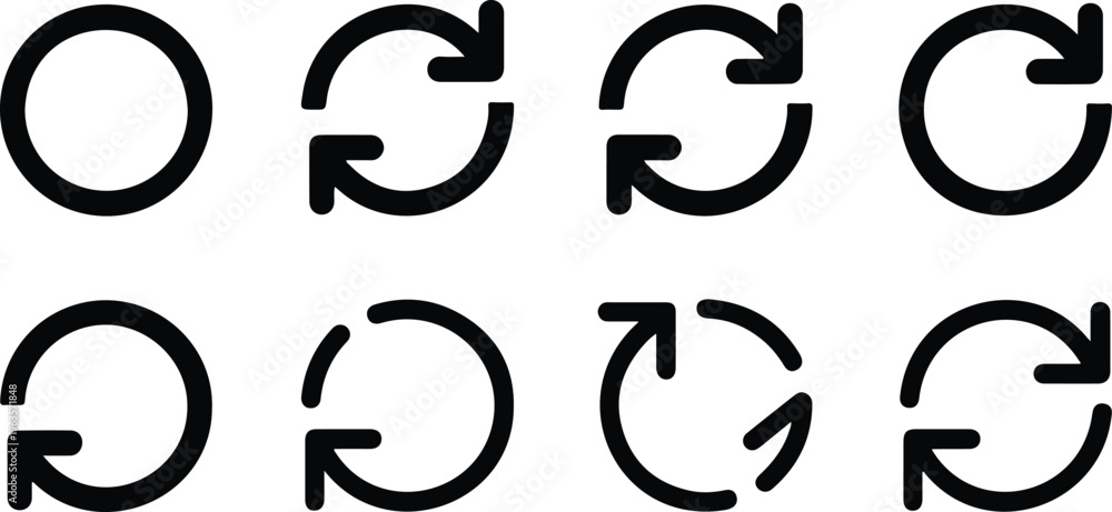 Fototapeta premium Flat line art vector of eight black circular arrows arranged in two rows creating simple clean repeating clockwise pattern design