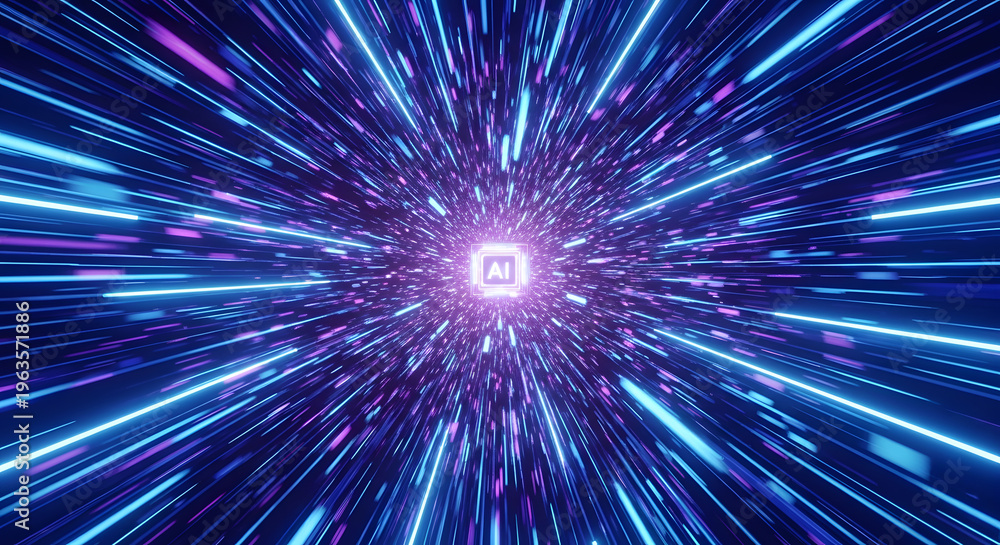 Obraz premium High Speed Digital Data Tunnel Converging to Glowing AI Core in Futuristic Cyber Space