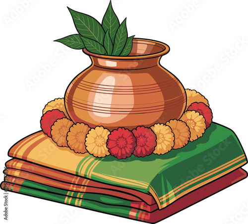 Traditional indian pothys and kalasham for puja ceremony